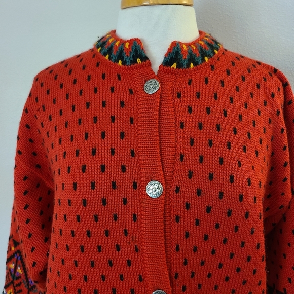 Dale of Norway Red Wool Fair Isle Cardigan Sweater - Picture 2 of 10